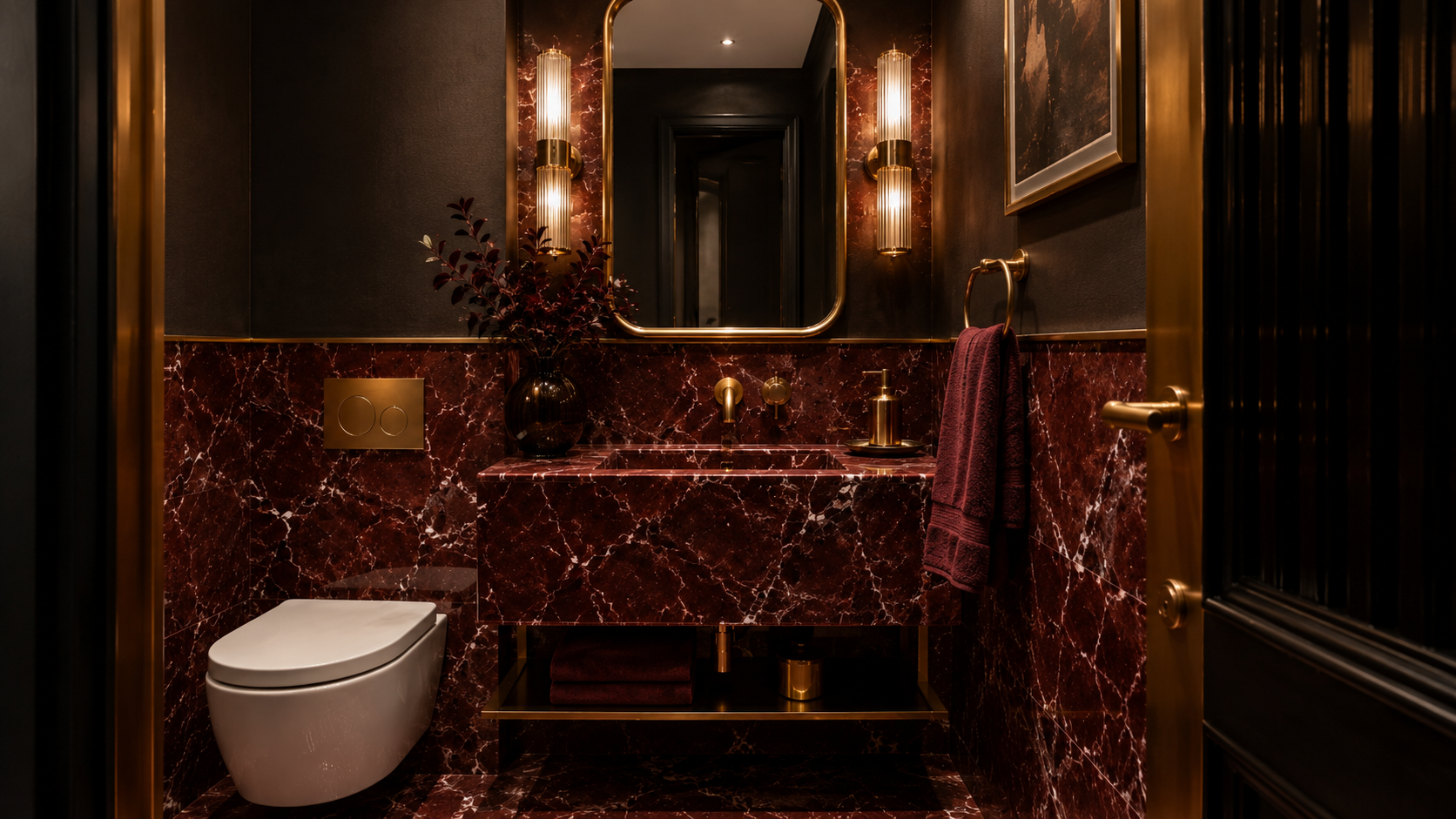 Compact powder room designed with full floor to ceiling red marble walls and statement mirror